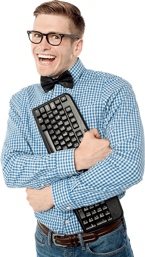 A smiling man wearing glasses and a black bow tie cradling a black plastic keyboard in a hug.
